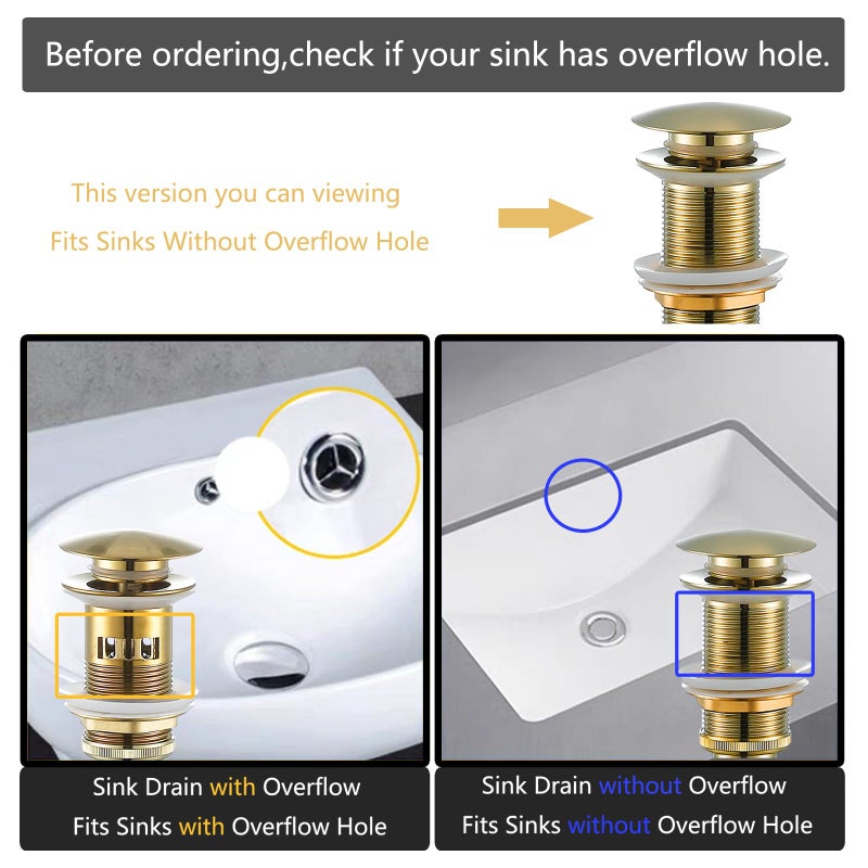 SWHYGER Pop Up Drain,Bathroom Sink Drain Stopper Bathroom Sink Without Overflow,Pop Up Drain Assembly with Detachable Strainer Basket,Anti-Explosion and Anti-Clogging Drain Strainer Brushed Gold,83606BG. - Image 3